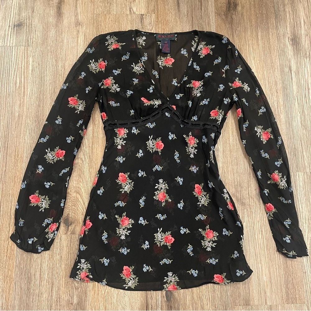 Vtg Y2K Ralph Lauren Blouse Women’s XS Black Floral Sheer Babydoll Long Sleeves
